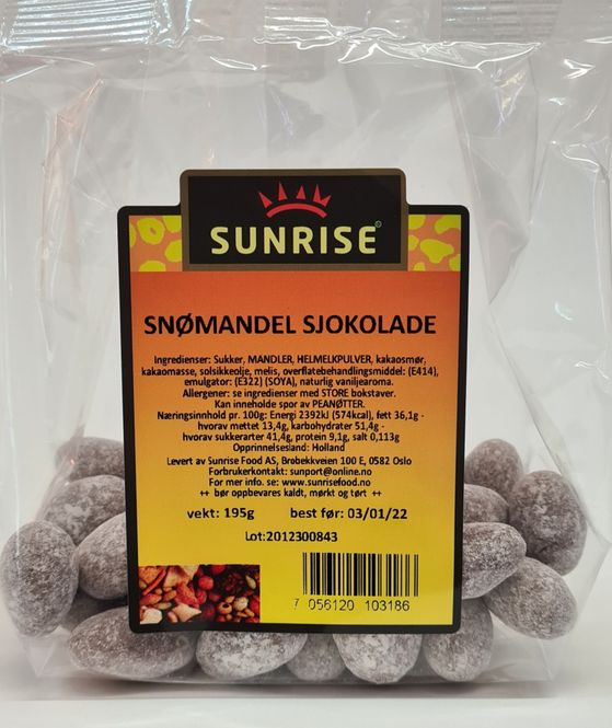 Hovedbilde Sunrise Snømandler Sjokolade 170g.