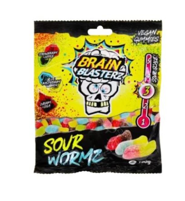 Hovedbilde Brain Blasterz Sour Wormz gummies 100g.