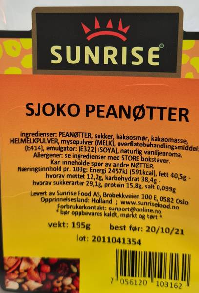 Sjoko Peanøtter Sunrise 195g.