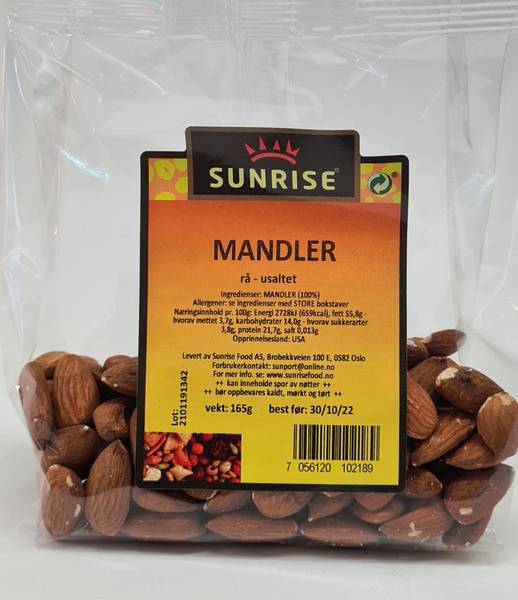 Mandler Rå/Usaltet Sunrise 165g.